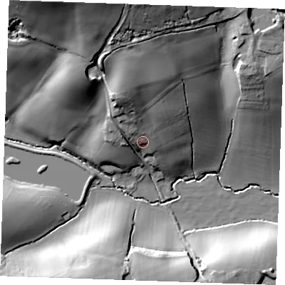 Shaded relief map of the ground around TN128EL, computed from Environment Agency LiDAR. The ground here sits at about 45 m above sea level and falls 41 m across the surrounding 800 m. Surface water reaching this point runs off ground lying to the north, 20.1 m higher.