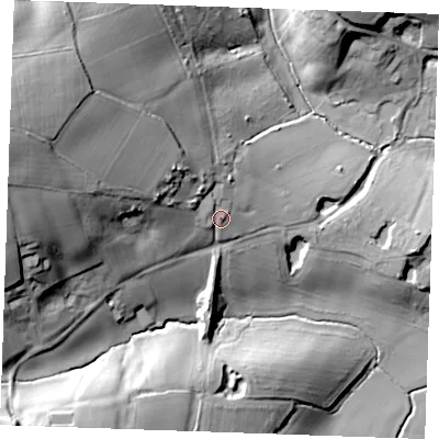 Shaded relief map of the ground around TN128ES, computed from Environment Agency LiDAR. The ground here sits at about 46 m above sea level and falls 47 m across the surrounding 800 m. Surface water reaching this point runs off ground lying to the north-west, 5.3 m higher.