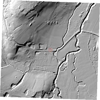 Shaded relief map of the ground around TN128ET, computed from Environment Agency LiDAR. The ground here sits at about 28 m above sea level and falls 37 m across the surrounding 800 m. Surface water reaching this point runs off ground lying to the west-north-west, 22.8 m higher.