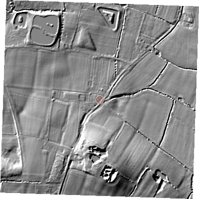 Shaded relief map of the ground around TN128HG, computed from Environment Agency LiDAR. The ground here sits at about 23 m above sea level and falls 15 m across the surrounding 800 m. Surface water reaching this point runs off ground lying to the south-west, 11.3 m higher.