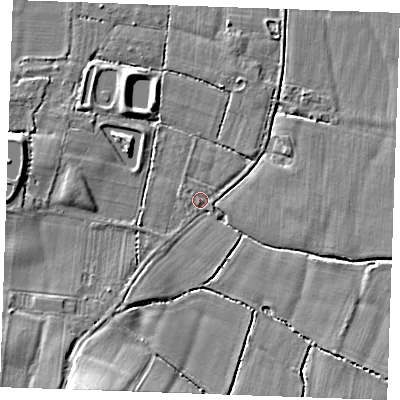 Shaded relief map of the ground around TN128HH, computed from Environment Agency LiDAR. The ground here sits at about 20 m above sea level and falls 11 m across the surrounding 800 m. Surface water reaching this point runs off ground lying to the south-south-west, 9.3 m higher.