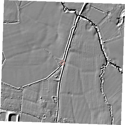 Shaded relief map of the ground around TN128HJ, computed from Environment Agency LiDAR. The ground here sits at about 19 m above sea level and falls 6 m across the surrounding 800 m. Surface water reaching this point runs off ground lying to the south-east, 2.6 m higher.