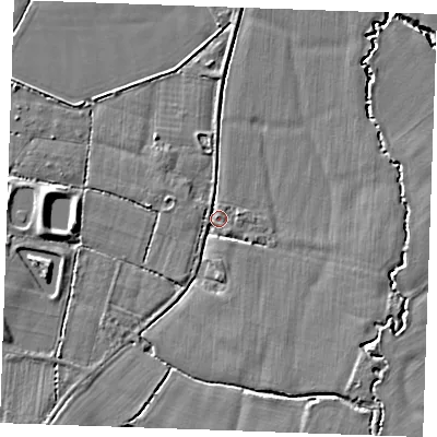 Shaded relief map of the ground around TN128HQ, computed from Environment Agency LiDAR. The ground here sits at about 20 m above sea level and falls 6 m across the surrounding 800 m. Surface water reaching this point runs off ground lying to the south-east, 3.7 m higher.