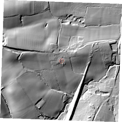 Shaded relief map of the ground around TN128HR, computed from Environment Agency LiDAR. The ground here sits at about 46 m above sea level and falls 35 m across the surrounding 800 m. Surface water reaching this point runs off ground lying to the north-west, 4.0 m higher.