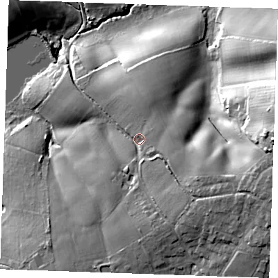 Shaded relief map of the ground around TN128LZ, computed from Environment Agency LiDAR. The ground here sits at about 54 m above sea level and falls 35 m across the surrounding 800 m. Surface water reaching this point runs off ground lying to the east-south-east, 12.5 m higher.