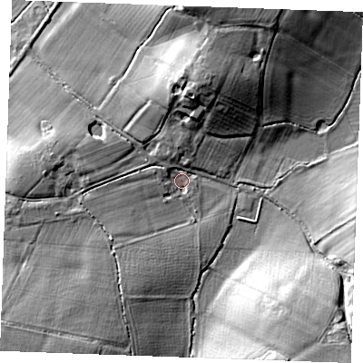 Shaded relief map of the ground around TN129AH, computed from Environment Agency LiDAR. The ground here sits at about 20 m above sea level and falls 12 m across the surrounding 800 m. Surface water reaching this point runs off ground lying to the north, 5.3 m higher.