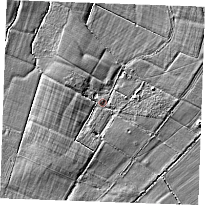 Shaded relief map of the ground around TN129AX, computed from Environment Agency LiDAR. The ground here sits at about 15 m above sea level and falls 3 m across the surrounding 800 m. Surface water reaching this point runs off ground lying to the south-west, 2.4 m higher.