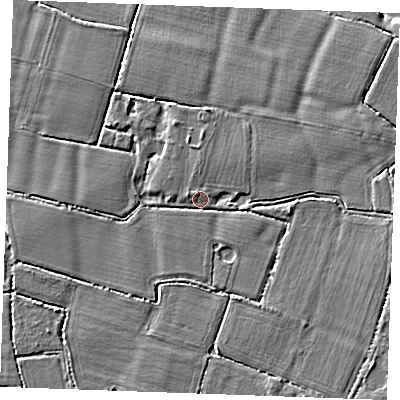 Shaded relief map of the ground around TN129AY, computed from Environment Agency LiDAR. The ground here sits at about 15 m above sea level and falls 4 m across the surrounding 800 m. Surface water reaching this point runs off ground lying to the east, 1.8 m higher.