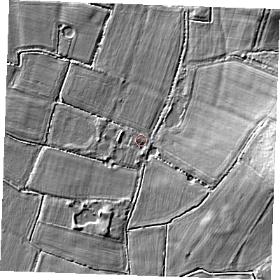 Shaded relief map of the ground around TN129BA, computed from Environment Agency LiDAR. The ground here sits at about 15 m above sea level and falls 9 m across the surrounding 800 m. Surface water reaching this point runs off ground lying to the east, 7.9 m higher.