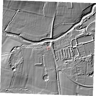 Shaded relief map of the ground around TN129BB, computed from Environment Agency LiDAR. The ground here sits at about 15 m above sea level and falls 8 m across the surrounding 800 m. Surface water reaching this point runs off ground lying to the south, 7.2 m higher.
