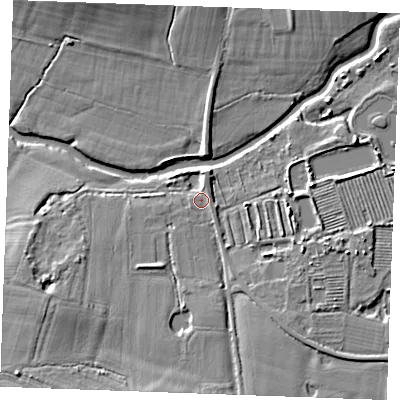 Shaded relief map of the ground around TN129BH, computed from Environment Agency LiDAR. The ground here sits at about 15 m above sea level and falls 8 m across the surrounding 800 m. Surface water reaching this point runs off ground lying to the south, 7.1 m higher.
