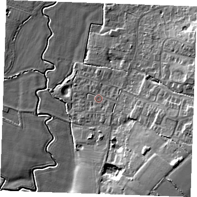 Shaded relief map of the ground around TN129FA, computed from Environment Agency LiDAR. The ground here sits at about 20 m above sea level and falls 17 m across the surrounding 800 m. Surface water reaching this point runs off ground lying to the south-east, 1.9 m higher.