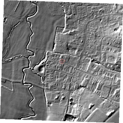 Shaded relief map of the ground around TN129FB, computed from Environment Agency LiDAR. The ground here sits at about 20 m above sea level and falls 17 m across the surrounding 800 m. Surface water reaching this point runs off ground lying to the south-east, 2.0 m higher.