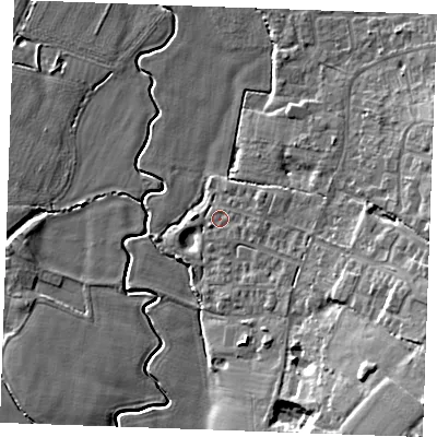 Shaded relief map of the ground around TN129FD, computed from Environment Agency LiDAR. The ground here sits at about 19 m above sea level and falls 16 m across the surrounding 800 m. Surface water reaching this point runs off ground lying to the east-south-east, 1.1 m higher.