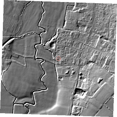Shaded relief map of the ground around TN129FE, computed from Environment Agency LiDAR. The ground here sits at about 19 m above sea level and falls 16 m across the surrounding 800 m. Surface water reaching this point runs off ground lying to the east-south-east, 1.6 m higher.