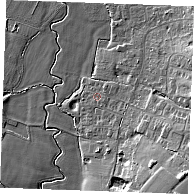 Shaded relief map of the ground around TN129FJ, computed from Environment Agency LiDAR. The ground here sits at about 20 m above sea level and falls 17 m across the surrounding 800 m. Surface water reaching this point runs off ground lying to the east-south-east, 1.1 m higher.
