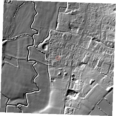 Shaded relief map of the ground around TN129FL, computed from Environment Agency LiDAR. The ground here sits at about 20 m above sea level and falls 17 m across the surrounding 800 m. Surface water reaching this point runs off ground lying to the east-south-east, 2.3 m higher.