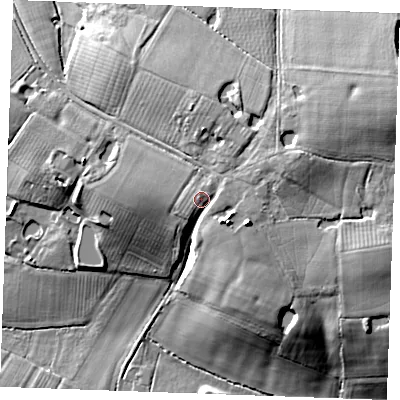 Shaded relief map of the ground around TN129LJ, computed from Environment Agency LiDAR. The ground here sits at about 36 m above sea level and falls 19 m across the surrounding 800 m. Surface water reaching this point runs off ground lying to the east-north-east, 5.3 m higher.