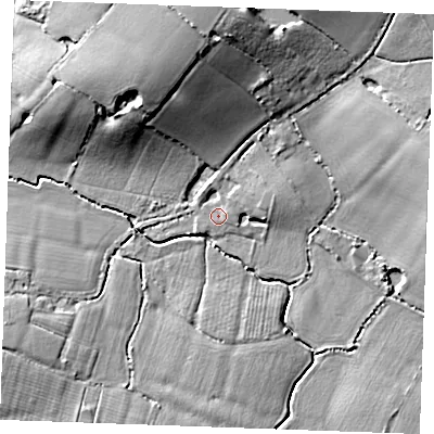 Shaded relief map of the ground around TN129LS, computed from Environment Agency LiDAR. The ground here sits at about 19 m above sea level and falls 15 m across the surrounding 800 m. Surface water reaching this point runs off ground lying to the north-east, 1.6 m higher.