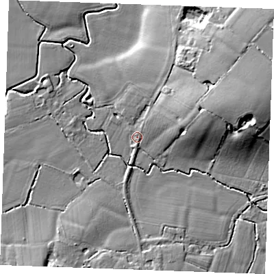 Shaded relief map of the ground around TN129NJ, computed from Environment Agency LiDAR. The ground here sits at about 20 m above sea level and falls 16 m across the surrounding 800 m. Surface water reaching this point runs off ground lying to the north-east, 3.5 m higher.