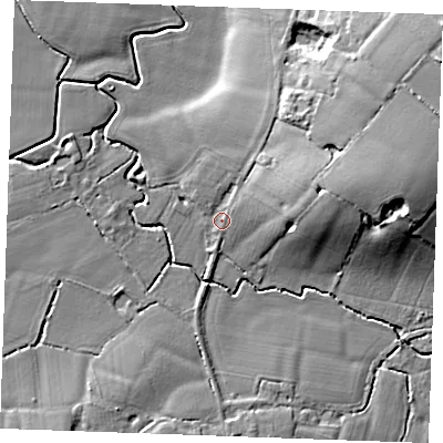 Shaded relief map of the ground around TN129NL, computed from Environment Agency LiDAR. The ground here sits at about 20 m above sea level and falls 16 m across the surrounding 800 m. Surface water reaching this point runs off ground lying to the east-north-east, 13.1 m higher.