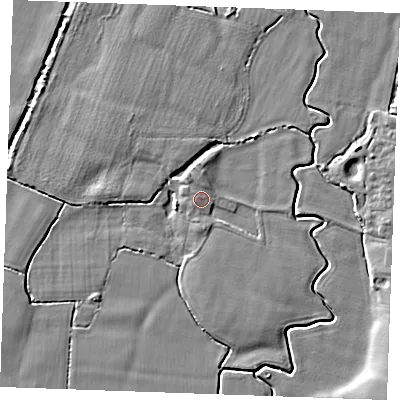 Shaded relief map of the ground around TN129NP, computed from Environment Agency LiDAR. The ground here sits at about 19 m above sea level and falls 6 m across the surrounding 800 m. Surface water reaching this point runs off ground lying to the west-south-west, 0.6 m higher.