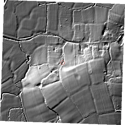 Shaded relief map of the ground around TN129NU, computed from Environment Agency LiDAR. The ground here sits at about 26 m above sea level and falls 18 m across the surrounding 800 m. Surface water reaching this point runs off ground lying to the south-south-east, 10.1 m higher.