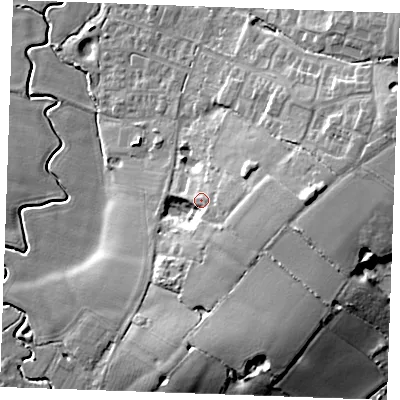 Shaded relief map of the ground around TN129NW, computed from Environment Agency LiDAR. The ground here sits at about 27 m above sea level and falls 17 m across the surrounding 800 m. Surface water reaching this point runs off ground lying to the east-south-east, 5.6 m higher.