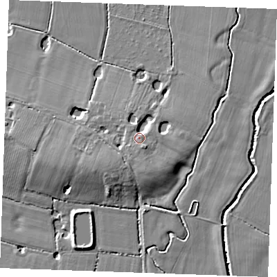Shaded relief map of the ground around TN129NX, computed from Environment Agency LiDAR. The ground here sits at about 21 m above sea level and falls 7 m across the surrounding 800 m. Surface water reaching this point runs off ground lying to the south-south-west, 4.0 m higher.