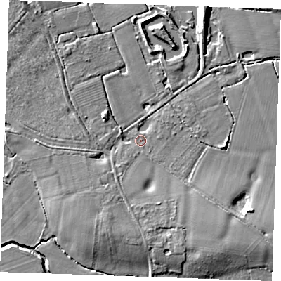 Shaded relief map of the ground around TN129PB, computed from Environment Agency LiDAR. The ground here sits at about 17 m above sea level and falls 7 m across the surrounding 800 m. Surface water reaching this point runs off ground lying to the south-south-west, 3.8 m higher.
