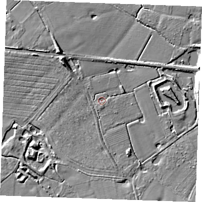 Shaded relief map of the ground around TN129PJ, computed from Environment Agency LiDAR. The ground here sits at about 16 m above sea level and falls 8 m across the surrounding 800 m. Surface water reaching this point runs off ground lying to the south, 1.1 m higher.