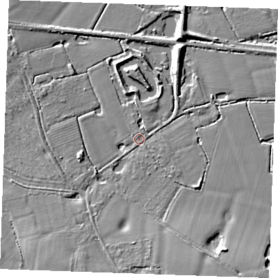 Shaded relief map of the ground around TN129PL, computed from Environment Agency LiDAR. The ground here sits at about 16 m above sea level and falls 8 m across the surrounding 800 m. Surface water reaching this point runs off ground lying to the south-south-west, 6.1 m higher.