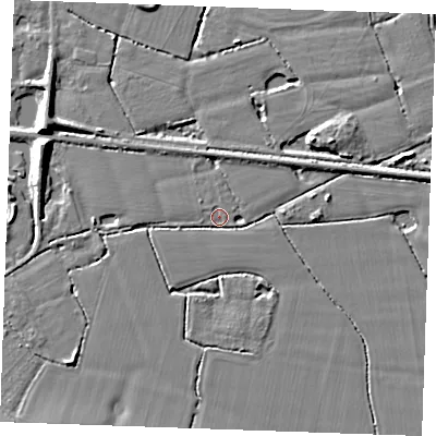 Shaded relief map of the ground around TN129PN, computed from Environment Agency LiDAR. The ground here sits at about 16 m above sea level and falls 7 m across the surrounding 800 m. Surface water reaching this point runs off ground lying to the east-north-east, 2.7 m higher.