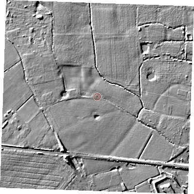 Shaded relief map of the ground around TN129PP, computed from Environment Agency LiDAR. The ground here sits at about 15 m above sea level and falls 9 m across the surrounding 800 m. Surface water reaching this point runs off ground lying to the south-west, 2.9 m higher.