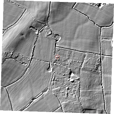 Shaded relief map of the ground around TN129PR, computed from Environment Agency LiDAR. The ground here sits at about 15 m above sea level and falls 5 m across the surrounding 800 m. Surface water reaching this point runs off ground lying to the south-south-east, 3.9 m higher.
