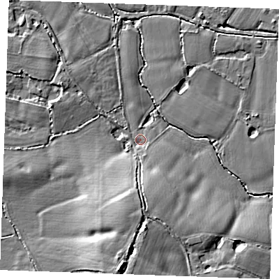 Shaded relief map of the ground around TN129PT, computed from Environment Agency LiDAR. The ground here sits at about 14 m above sea level and falls 10 m across the surrounding 800 m. Surface water reaching this point runs off ground lying to the south, 6.5 m higher.