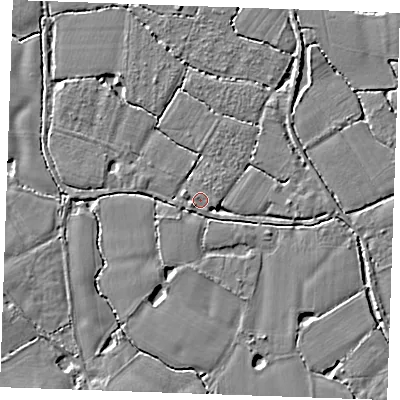 Shaded relief map of the ground around TN129PU, computed from Environment Agency LiDAR. The ground here sits at about 13 m above sea level and falls 4 m across the surrounding 800 m. Surface water reaching this point runs off ground lying to the south-east, 3.3 m higher.