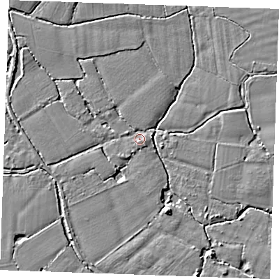 Shaded relief map of the ground around TN129PX, computed from Environment Agency LiDAR. The ground here sits at about 13 m above sea level and falls 5 m across the surrounding 800 m. Surface water reaching this point runs off ground lying to the north-west, 2.2 m higher.