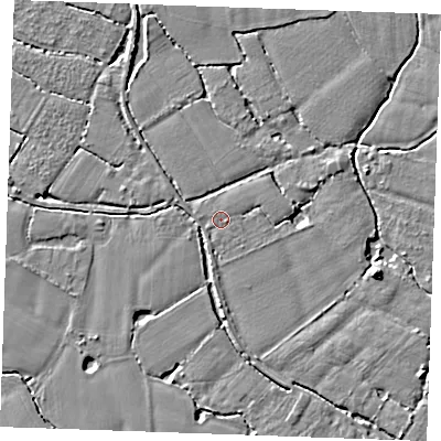 Shaded relief map of the ground around TN129QA, computed from Environment Agency LiDAR. The ground here sits at about 13 m above sea level and falls 5 m across the surrounding 800 m. Surface water reaching this point runs off ground lying to the east-south-east, 0.8 m higher.