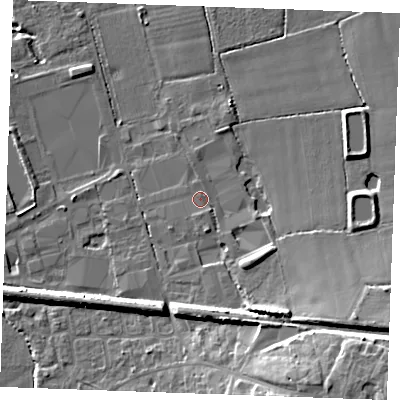 Shaded relief map of the ground around TN129QD, computed from Environment Agency LiDAR. The ground here sits at about 19 m above sea level and falls 16 m across the surrounding 800 m. Surface water reaching this point runs off ground lying to the south-east, 8.2 m higher.