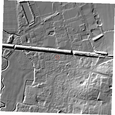Shaded relief map of the ground around TN129QF, computed from Environment Agency LiDAR. The ground here sits at about 19 m above sea level and falls 15 m across the surrounding 800 m. Surface water reaching this point runs off ground lying to the east-north-east, 4.6 m higher.