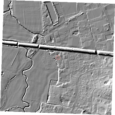 Shaded relief map of the ground around TN129QG, computed from Environment Agency LiDAR. The ground here sits at about 19 m above sea level and falls 14 m across the surrounding 800 m. Surface water reaching this point runs off ground lying to the north-east, 0.9 m higher.
