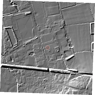 Shaded relief map of the ground around TN129QJ, computed from Environment Agency LiDAR. The ground here sits at about 19 m above sea level and falls 16 m across the surrounding 800 m. Surface water reaching this point runs off ground lying to the south-east, 12.7 m higher.