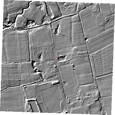 Shaded relief map of the ground around TN129QL, computed from Environment Agency LiDAR. The ground here sits at about 17 m above sea level and falls 6 m across the surrounding 800 m. Surface water reaching this point runs off ground lying to the south-east, 3.8 m higher.