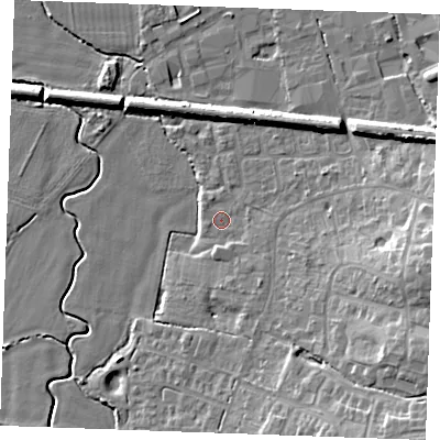Shaded relief map of the ground around TN129QN, computed from Environment Agency LiDAR. The ground here sits at about 19 m above sea level and falls 15 m across the surrounding 800 m. Surface water reaching this point runs off ground lying to the south-east, 2.0 m higher.