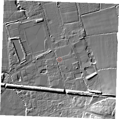 Shaded relief map of the ground around TN129QS, computed from Environment Agency LiDAR. The ground here sits at about 19 m above sea level and falls 15 m across the surrounding 800 m. Surface water reaching this point runs off ground lying to the south-east, 13.1 m higher.