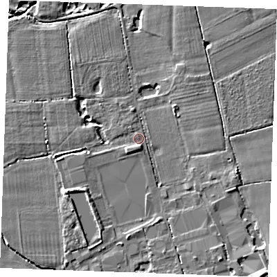Shaded relief map of the ground around TN129QT, computed from Environment Agency LiDAR. The ground here sits at about 18 m above sea level and falls 8 m across the surrounding 800 m. Surface water reaching this point runs off ground lying to the south-west, 2.6 m higher.