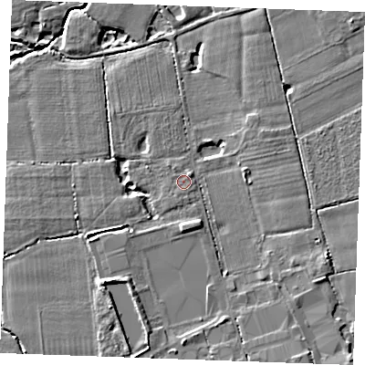 Shaded relief map of the ground around TN129QU, computed from Environment Agency LiDAR. The ground here sits at about 17 m above sea level and falls 6 m across the surrounding 800 m. Surface water reaching this point runs off ground lying to the north-east, 0.7 m higher.