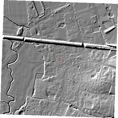 Shaded relief map of the ground around TN129QW, computed from Environment Agency LiDAR. The ground here sits at about 20 m above sea level and falls 15 m across the surrounding 800 m. Surface water reaching this point runs off ground lying to the south-east, 0.9 m higher.