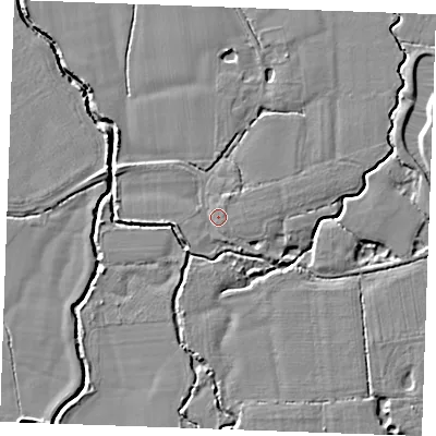 Shaded relief map of the ground around TN129QX, computed from Environment Agency LiDAR. The ground here sits at about 17 m above sea level and falls 6 m across the surrounding 800 m. Surface water reaching this point runs off ground lying to the south-east, 1.0 m higher.